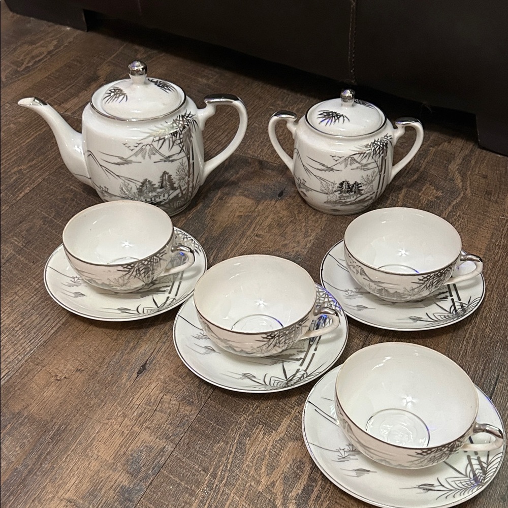 Vintage Kutani Japanese Tea Set 4 Hand Painted Mount Fuji Silver Lithophane